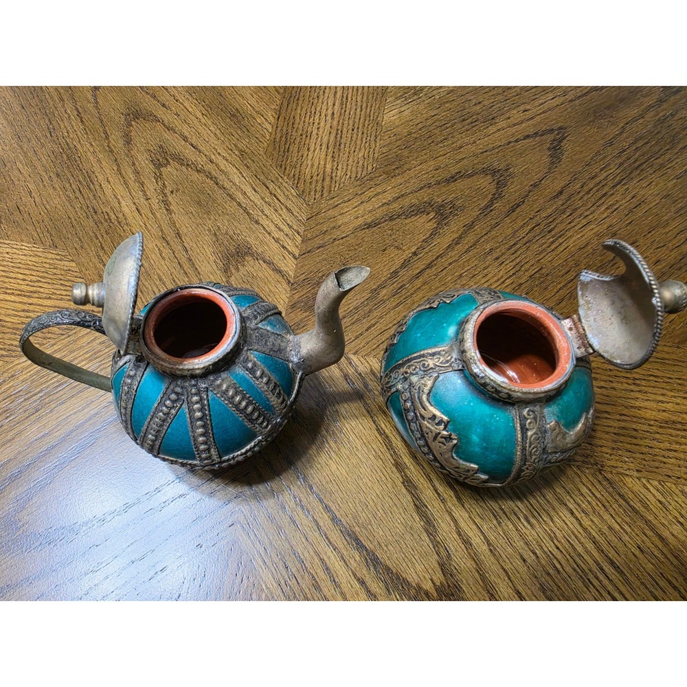 Vintage Moroccan Teal Ceramic Metal Filigree Teapot and Lidded Jar Set 2 Piece - Picture 3 of 9